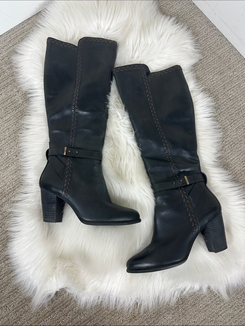 UGG Black Leather Claudine Knee-High Heeled Boots 7.5 - Picture 3 of 11